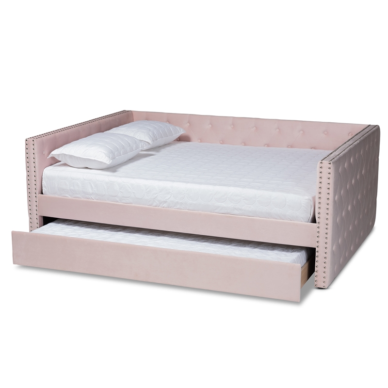 Baxton Studio Larkin Pink Velvet Upholstered Queen Size Daybed with Trundle