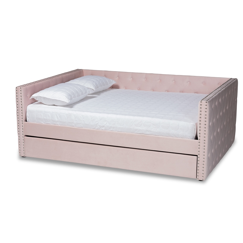 Baxton Studio Larkin Pink Velvet Upholstered Queen Size Daybed with Trundle