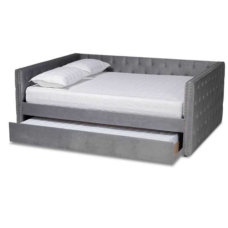 Baxton Studio Larkin Grey Velvet Upholstered Queen Size Daybed with Trundle