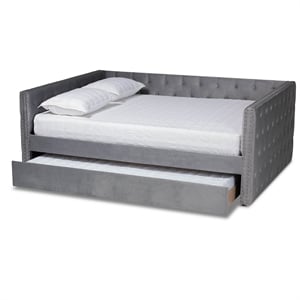 Baxton Studio Larkin Grey Velvet Upholstered Queen Size Daybed with Trundle
