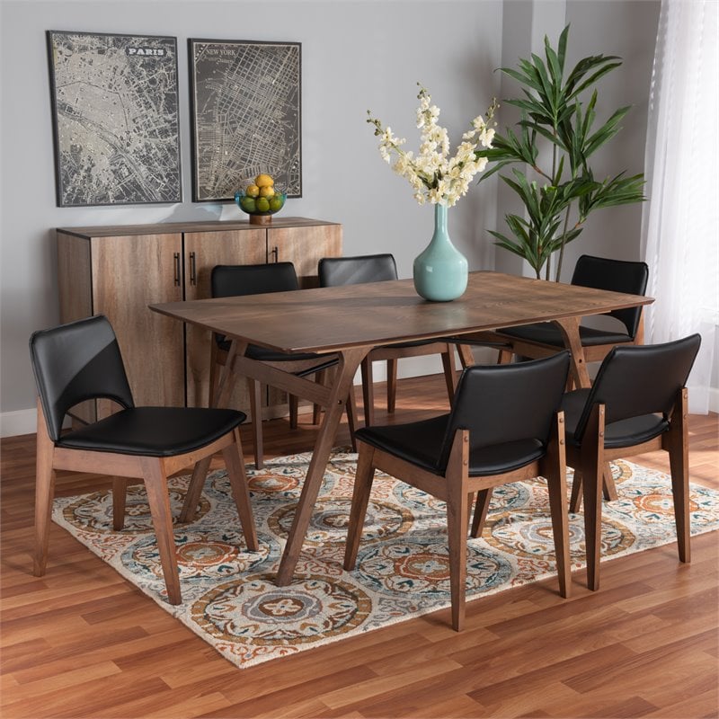 Baxton Studio Afton Black Faux Leather and Brown Wood 7-Piece Dining Set