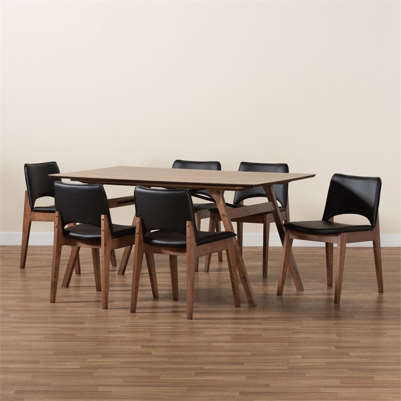 Baxton Studio Afton Black Faux Leather and Brown Wood 7-Piece Dining Set
