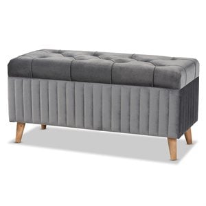 Baxton Studio Hanley Grey Velvet Fabric and Brown Finished Wood Storage Ottoman