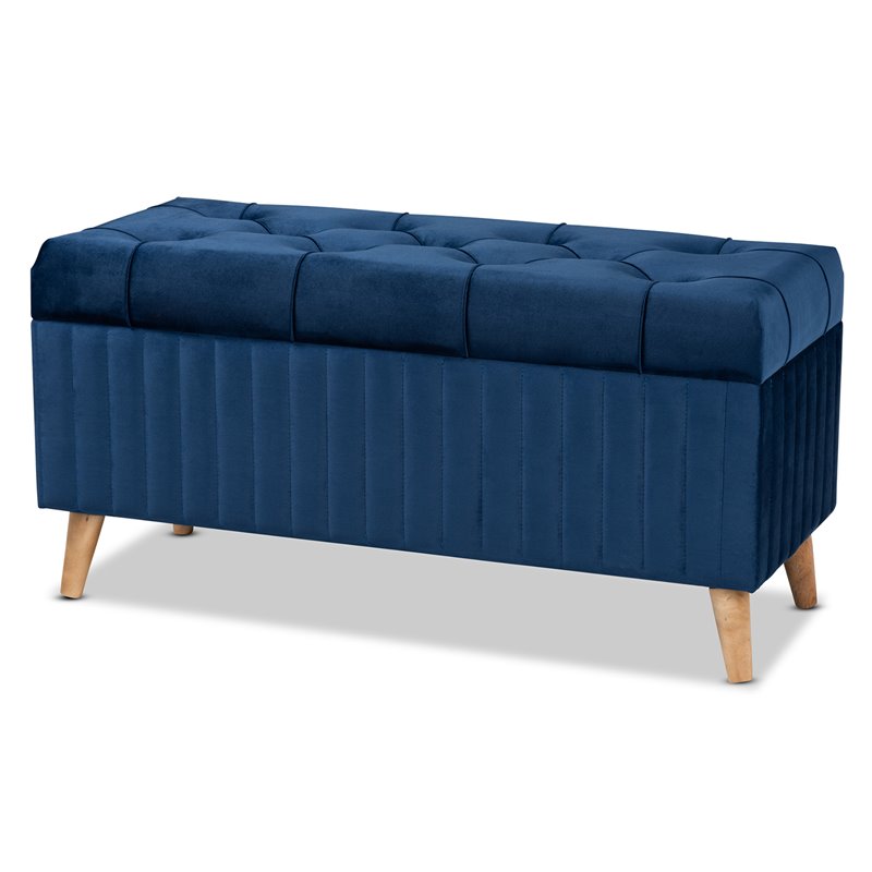 Baxton Studio Hanley Blue Velvet Fabric and Brown Finished Wood Storage Ottoman