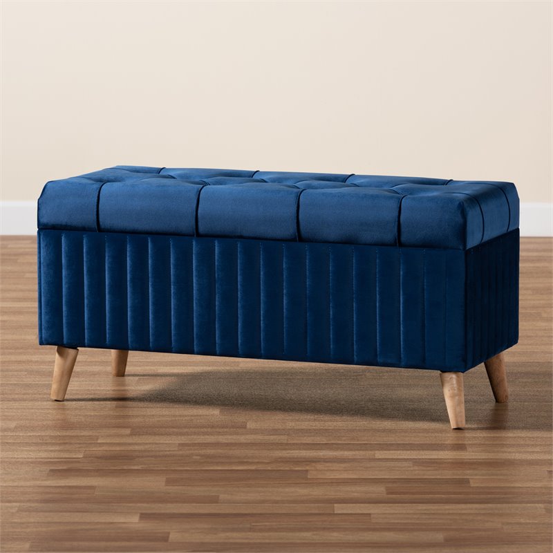 Baxton Studio Hanley Blue Velvet Fabric and Brown Finished Wood Storage Ottoman