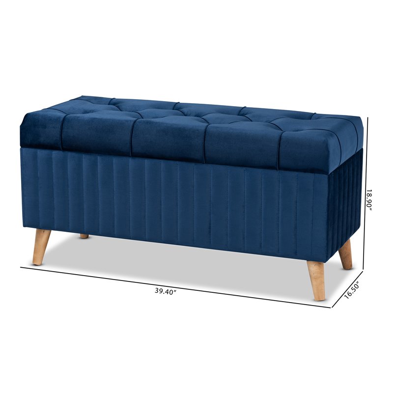 Baxton Studio Hanley Blue Velvet Fabric and Brown Finished Wood Storage Ottoman