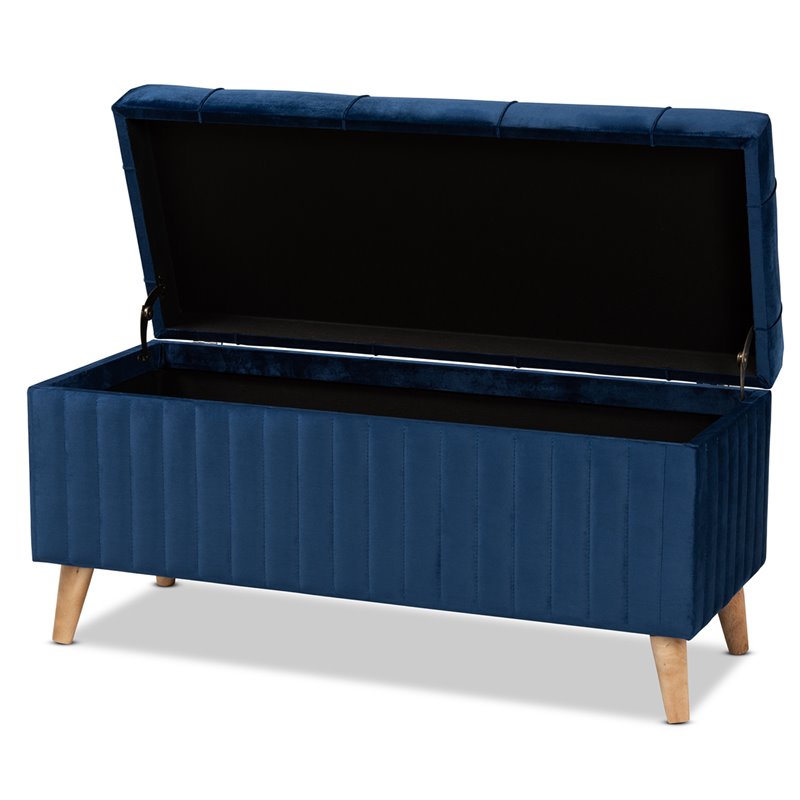 Baxton Studio Hanley Blue Velvet Fabric and Brown Finished Wood Storage Ottoman