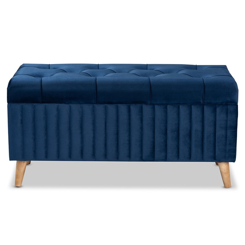 Baxton Studio Hanley Blue Velvet Fabric and Brown Finished Wood Storage Ottoman