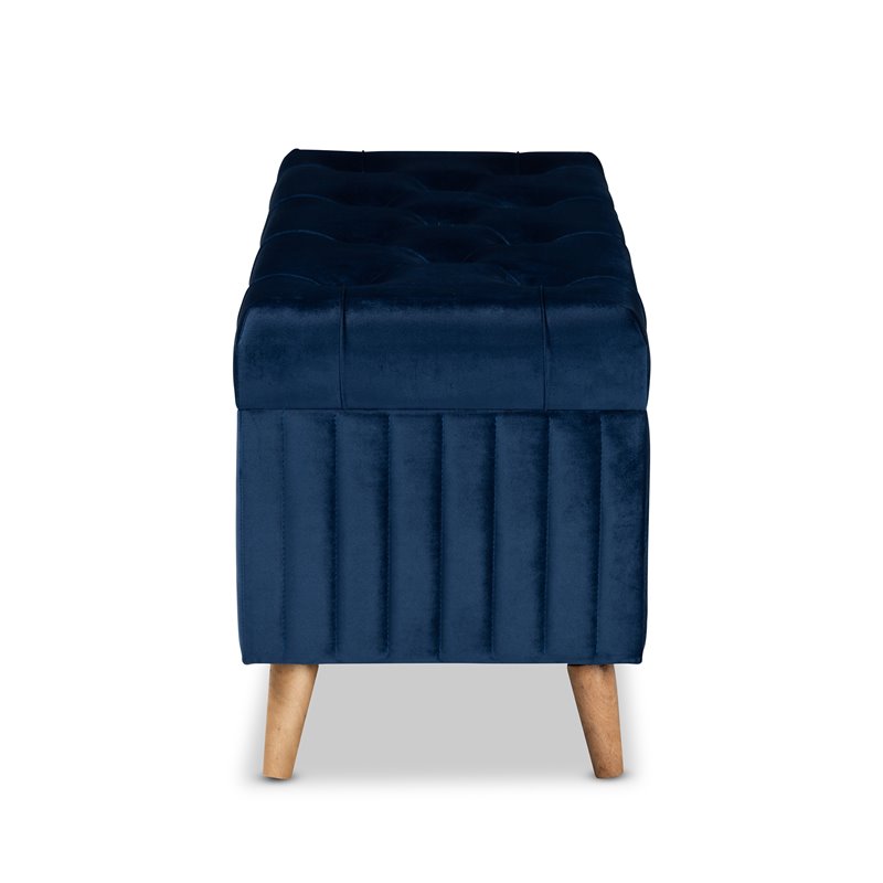 Baxton Studio Hanley Blue Velvet Fabric and Brown Finished Wood Storage Ottoman