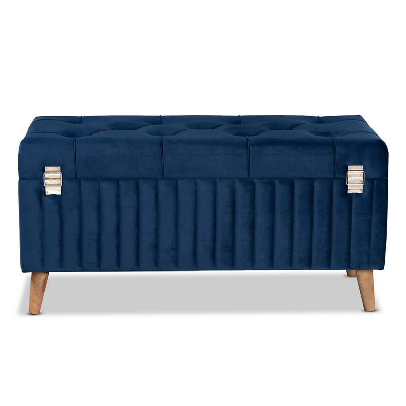 Baxton Studio Hanley Blue Velvet Fabric and Brown Finished Wood Storage Ottoman