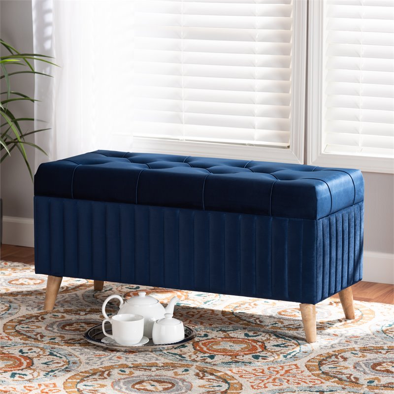 Baxton Studio Hanley Blue Velvet Fabric and Brown Finished Wood Storage Ottoman