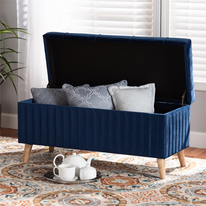 Baxton Studio Hanley Blue Velvet Fabric and Brown Finished Wood Storage Ottoman