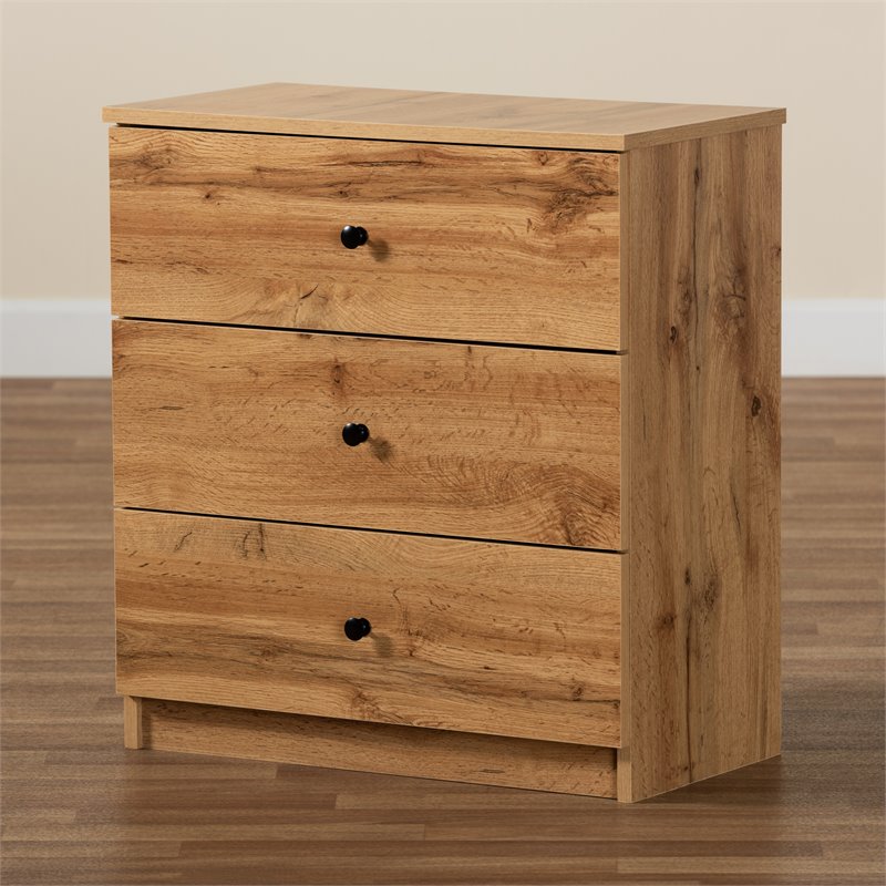 Baxton Studio Decon Oak Brown Finished Wood 3-Drawer Storage Chest