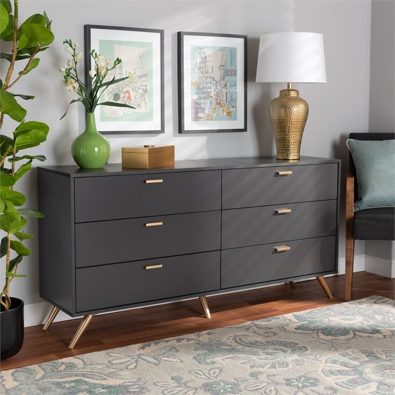 Baxton Studio Kelson Dark Grey and Gold Finished Wood 6-Drawer Dresser