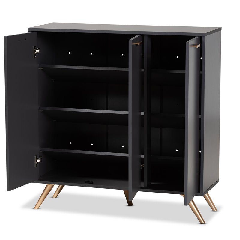 Baxton Studio Kelson Dark Gray and Gold Finished Wood 3-Door Shoe Cabinet