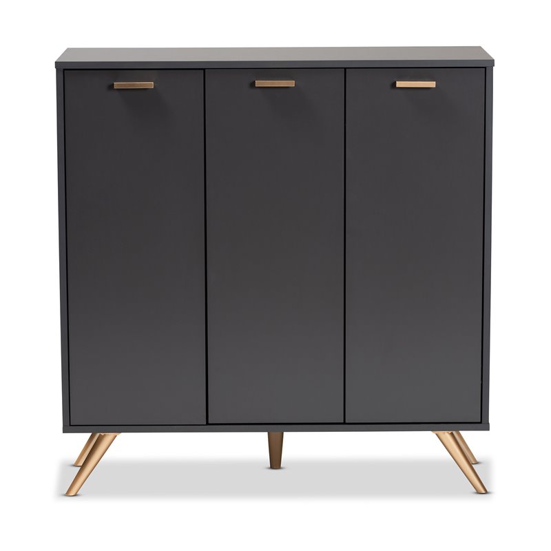 Baxton Studio Kelson Dark Gray and Gold Finished Wood 3-Door Shoe Cabinet