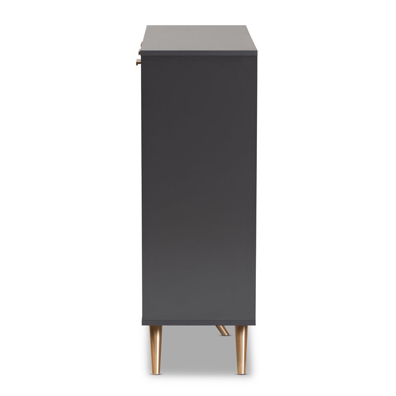 Baxton Studio Kelson Dark Gray and Gold Finished Wood 3-Door Shoe Cabinet