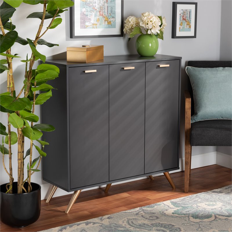 Baxton Studio Kelson Dark Gray and Gold Finished Wood 3-Door Shoe Cabinet