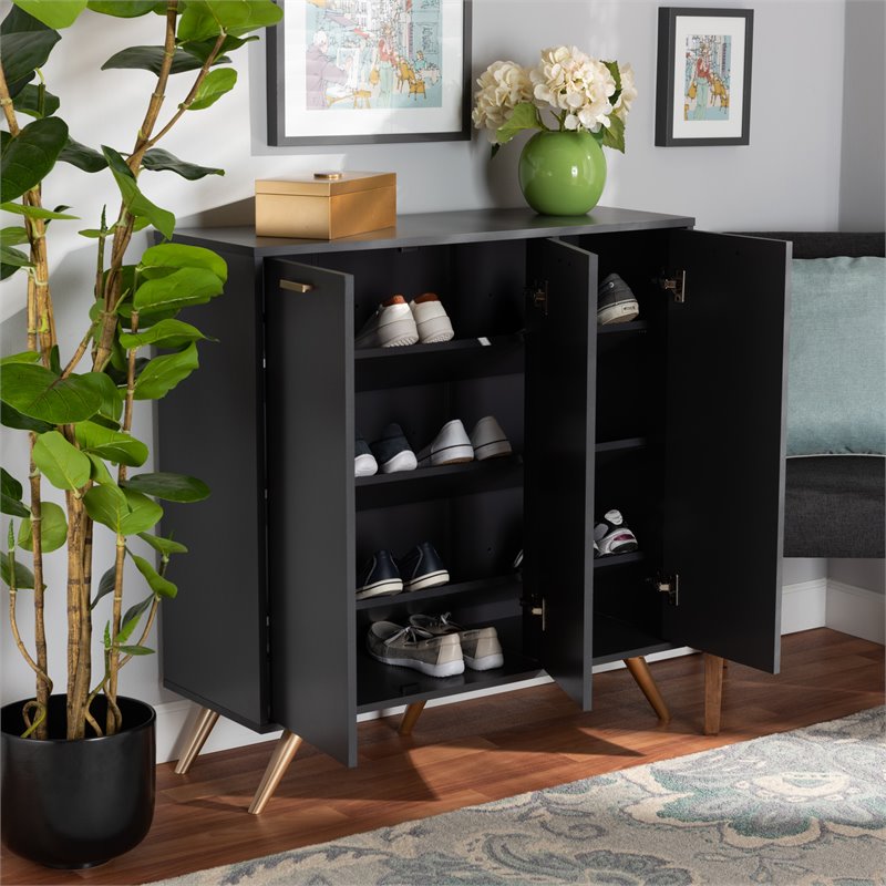 Baxton Studio Kelson Dark Gray and Gold Finished Wood 3-Door Shoe Cabinet