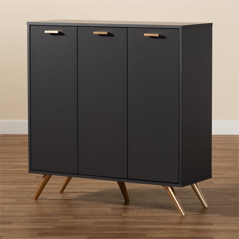 Baxton Studio Kelson Dark Gray and Gold Finished Wood 3-Door Shoe Cabinet
