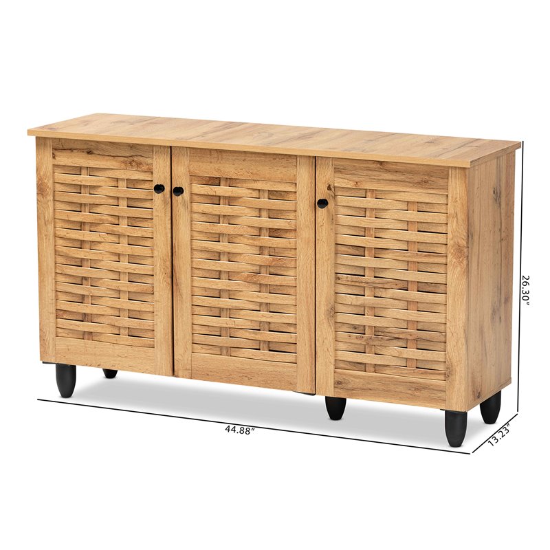 Baxton Studio Winda Oak Brown Finished Wood 3-Door Shoe Cabinet