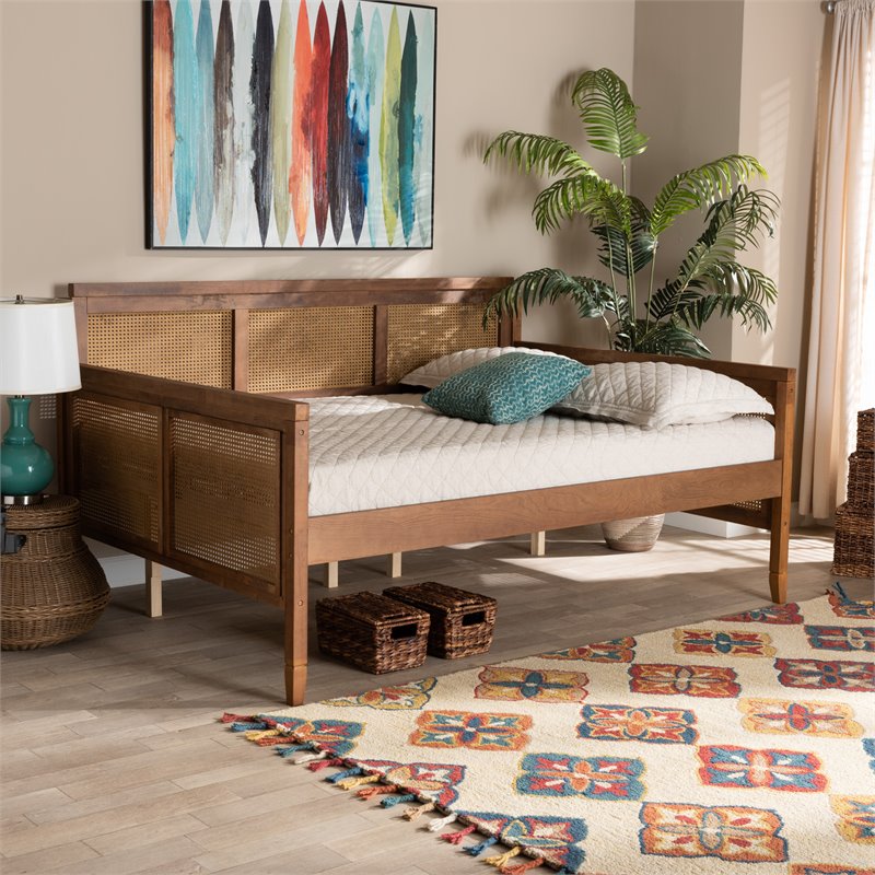 Baxton Studio Toveli Walnut Finished Wood and Synthetic Rattan Full Size Daybed