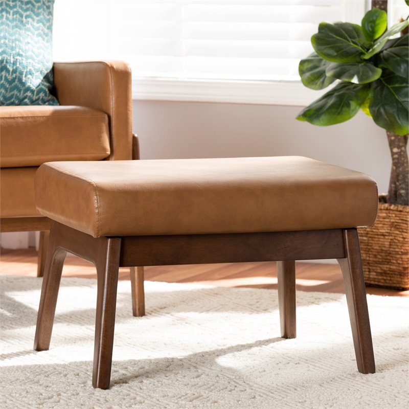 Baxton Studio Bianca Brown Finished Wood and Tan Faux Leather Effect Ottoman