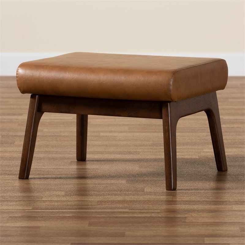 Baxton Studio Bianca Brown Finished Wood and Tan Faux Leather Effect Ottoman