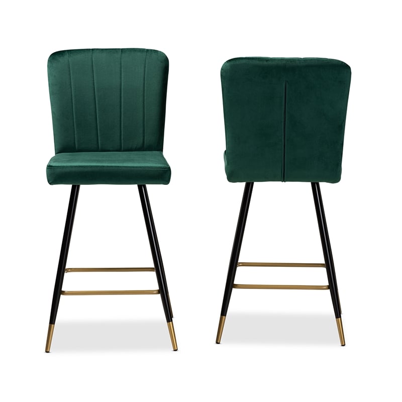 Baxton Studio Preston Green Black and Gold Finished Metal 2-Piece Bar Stool Set