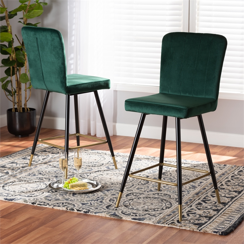 Baxton Studio Preston Green Black and Gold Finished Metal 2-Piece Bar Stool Set