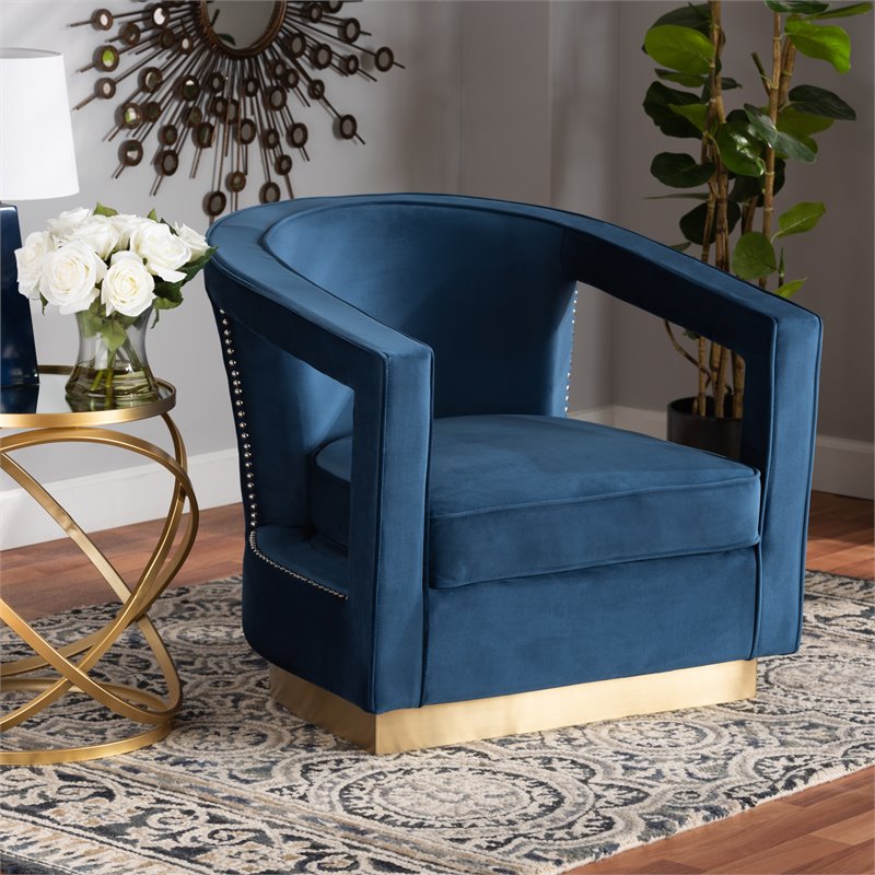 Baxton Studio Neville Navy Blue Velvet Fabric and Gold Finished Metal Armchair