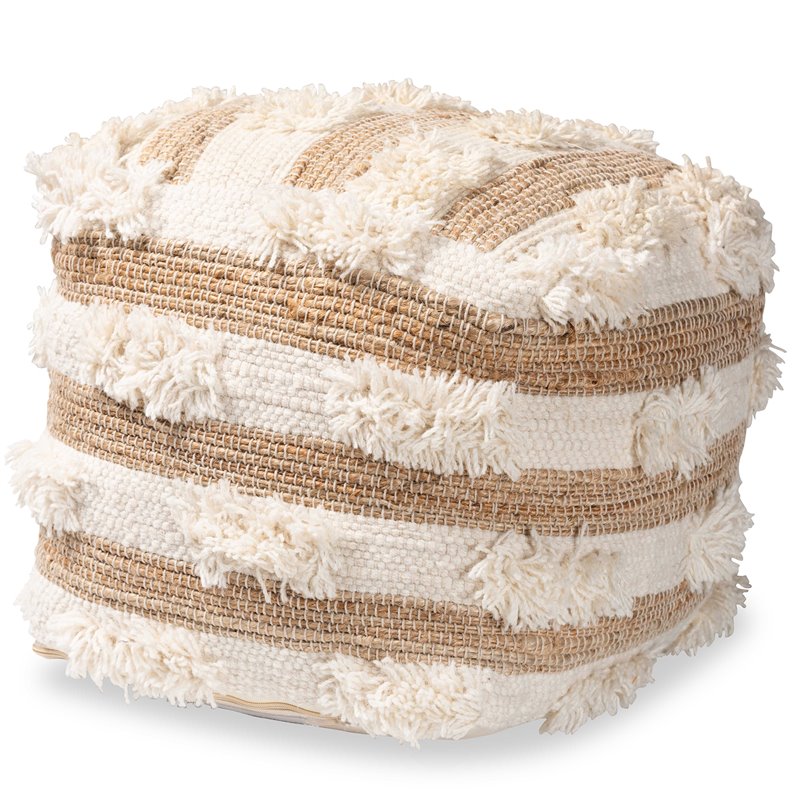 Baxton Studio Basque Natural and Ivory Handwoven Wool Blend Pouf Ottoman