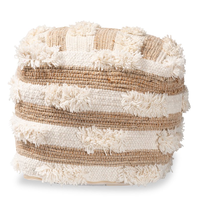 Baxton Studio Basque Natural and Ivory Handwoven Wool Blend Pouf Ottoman