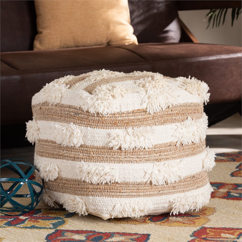 Baxton Studio Basque Natural and Ivory Handwoven Wool Blend Pouf Ottoman