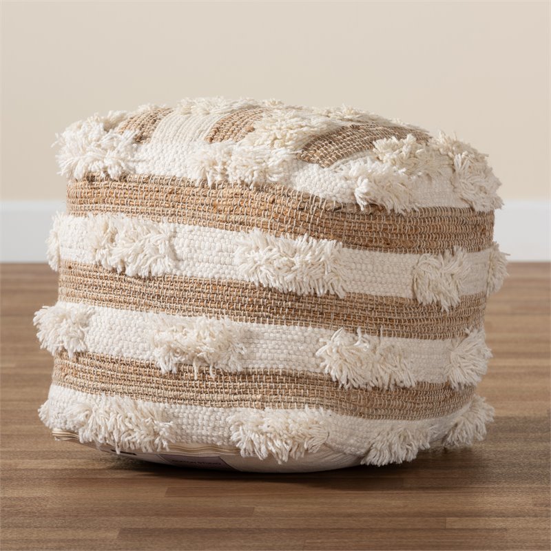 Baxton Studio Basque Natural and Ivory Handwoven Wool Blend Pouf Ottoman