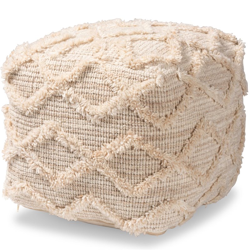 Baxton Studio Carilyn Moroccan Inspired Ivory Handwoven Wool Blend Pouf Ottoman