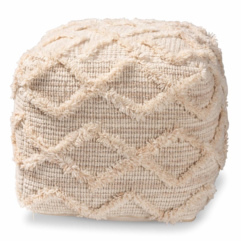 Baxton Studio Carilyn Moroccan Inspired Ivory Handwoven Wool Blend Pouf Ottoman