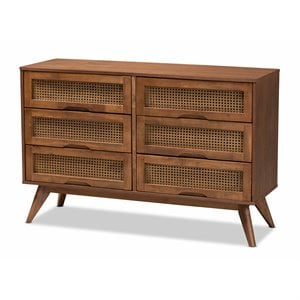 Baxton Studio Barrett Brown Finished Wood and Synthetic Rattan 6-Drawer Dresser