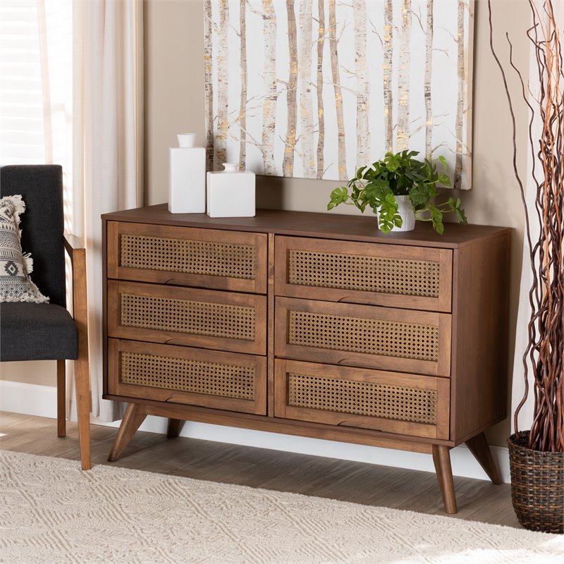 Baxton Studio Barrett Brown Finished Wood and Synthetic Rattan 6-Drawer Dresser