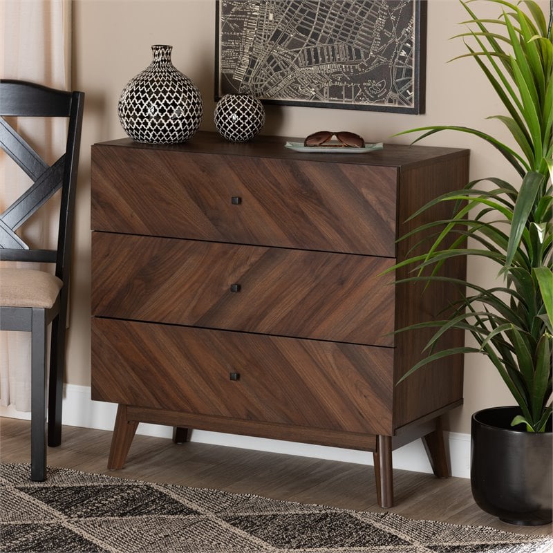Baxton Studio Hartman Walnut Brown Finished Wood 3-Drawer Storage Chest