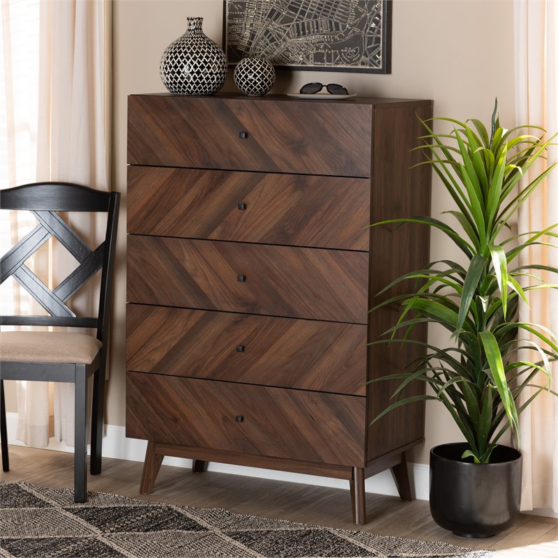 Baxton Studio Hartman Walnut Brown Finished Wood 5-Drawer Storage Chest