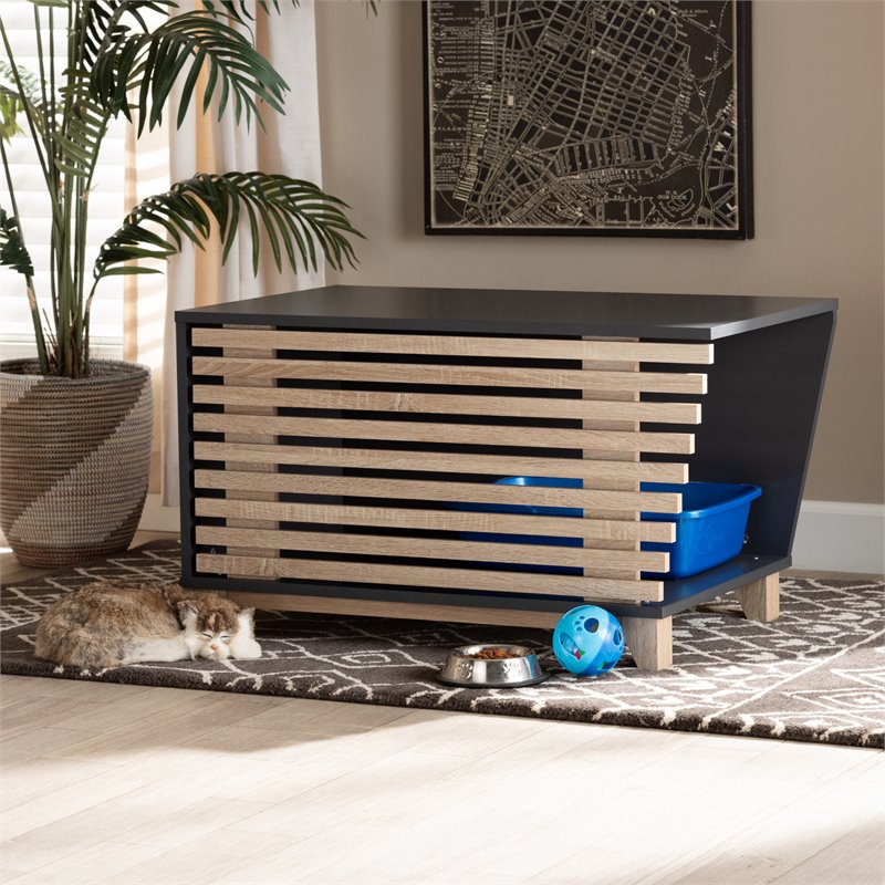 Baxton Studio Eckhart Dark Grey and Oak Finished Wood Cat Litter Box Cover House