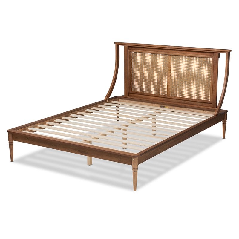 Baxton Studio Jamila Brown Finished Wood and Rattan Queen Size Platform Bed