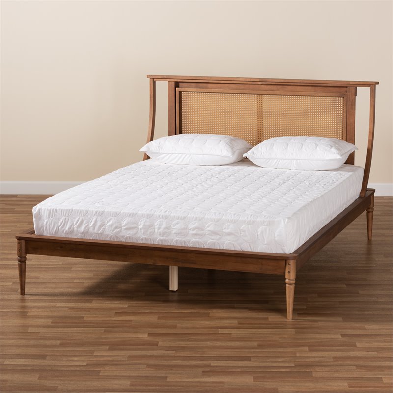 Baxton Studio Jamila Brown Finished Wood and Rattan Queen Size Platform Bed