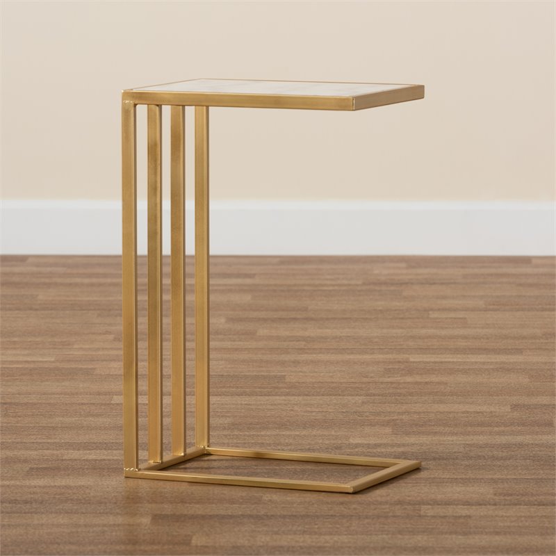 Baxton Studio Parkin Gold Finished Metal C Shaped End Table with Marble Tabletop