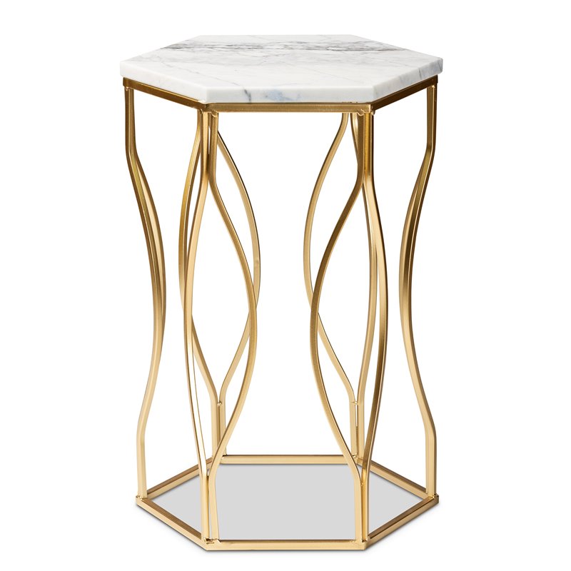 Baxton Studio Kalena Gold Metal End Table with Marble Tabletop