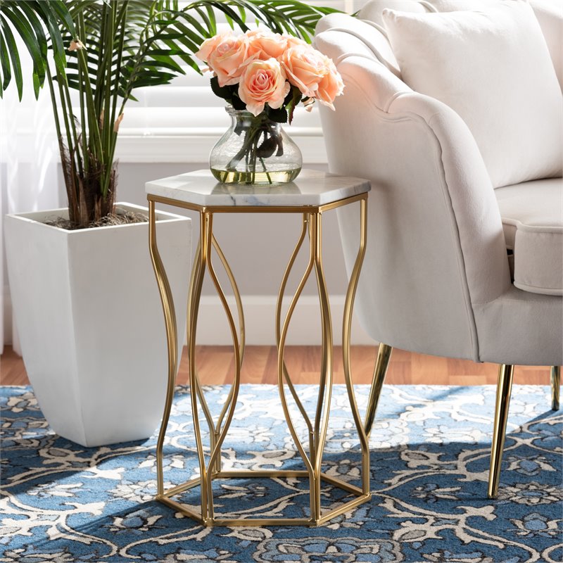 Baxton Studio Kalena Gold Metal End Table with Marble Tabletop