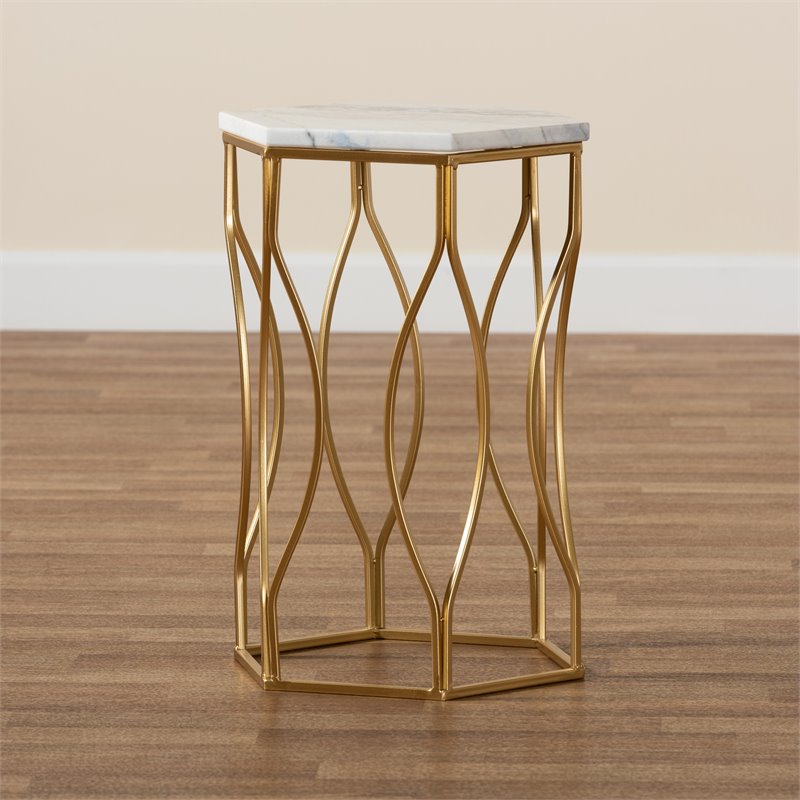 Baxton Studio Kalena Gold Metal End Table with Marble Tabletop