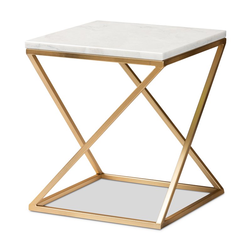 Baxton Studio Hadley Gold Finished Metal End Table with Marble Tabletop