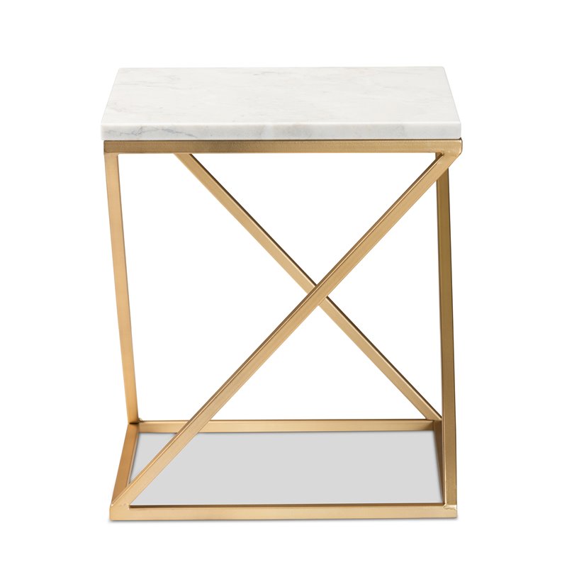 Baxton Studio Hadley Gold Finished Metal End Table with Marble Tabletop